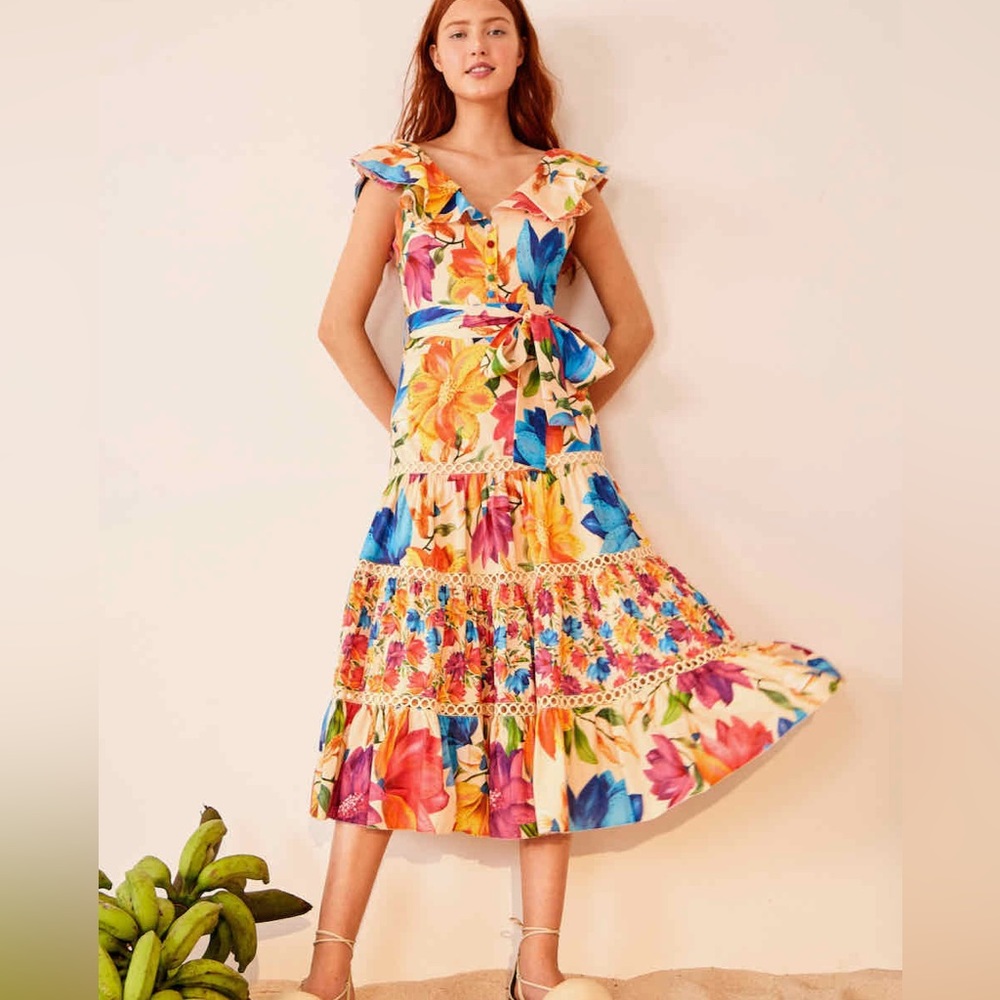 FARM Rio “Mary’s Garden” frill top midi dress, Sz L